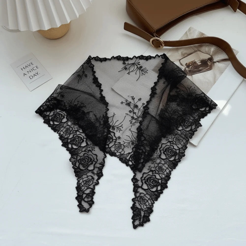Versatile Elegant Silk Scarf Flower Embroidered Retro Triangular Scarf Breathable Solid Color Hair Ribbon for Women Oasis Select Black