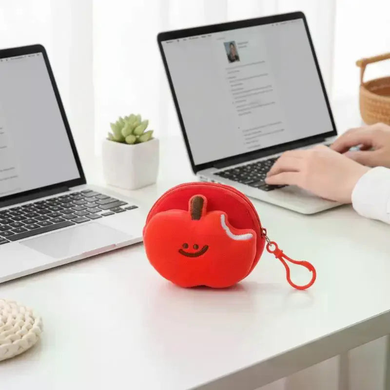 Cute Red Fruit Plush Coin Purse Mini Zipper Pouch With Keychain Cartoon Fruit Wallet For Earphones Coins Bag Charm Gift Oasis Select