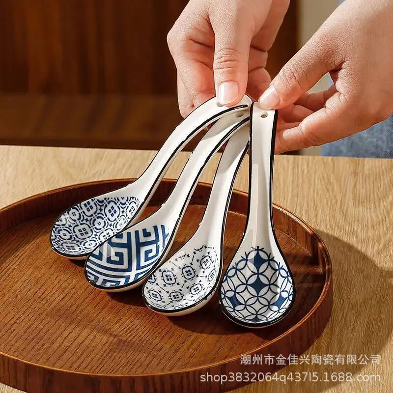 Japanese-style Small Blue And White Ceramic Spoon With Underglaze Decoration, Extended Length For Soup And Noodle Serving Oasis Select