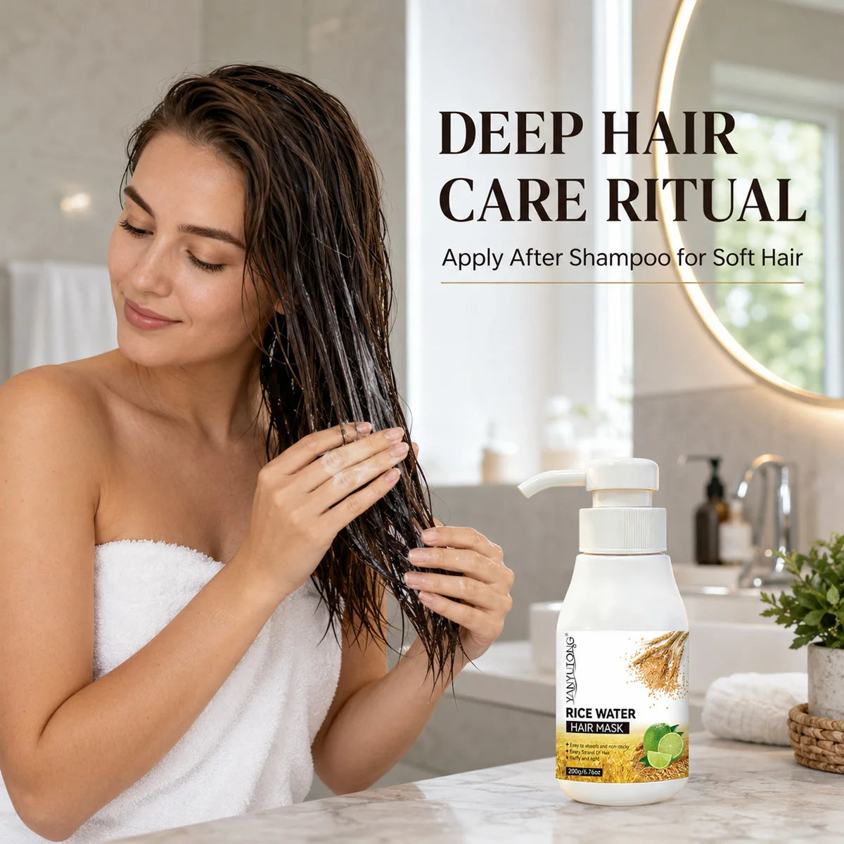 Rice and water hydrating and nourishing hair mask to quickly repair damaged, frizzy hair, making it soft, smooth, and brightenin Oasis Select