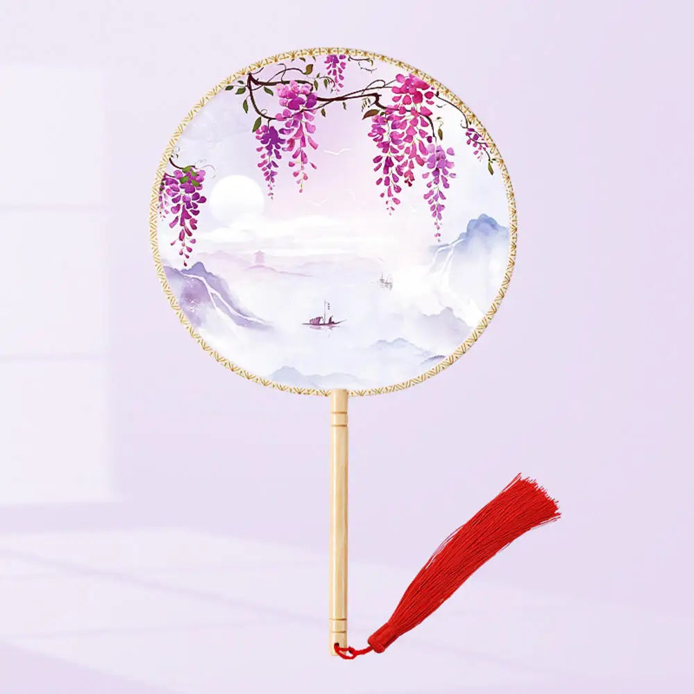 China Fan Wholesale Semi-Transparent Long Handle Tassel Dance Fan Female Costume Hanfu Cheongsam Embroidery Small Round Fan Oasis Select P1