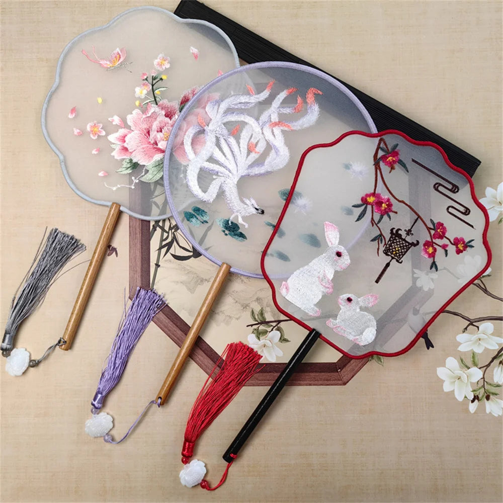 Flower Embroidered Silk Round Fan Chinese Hand Fans with Wooden Handle Tassel Wedding Party Dance Accessories Home Decor Oasis Select
