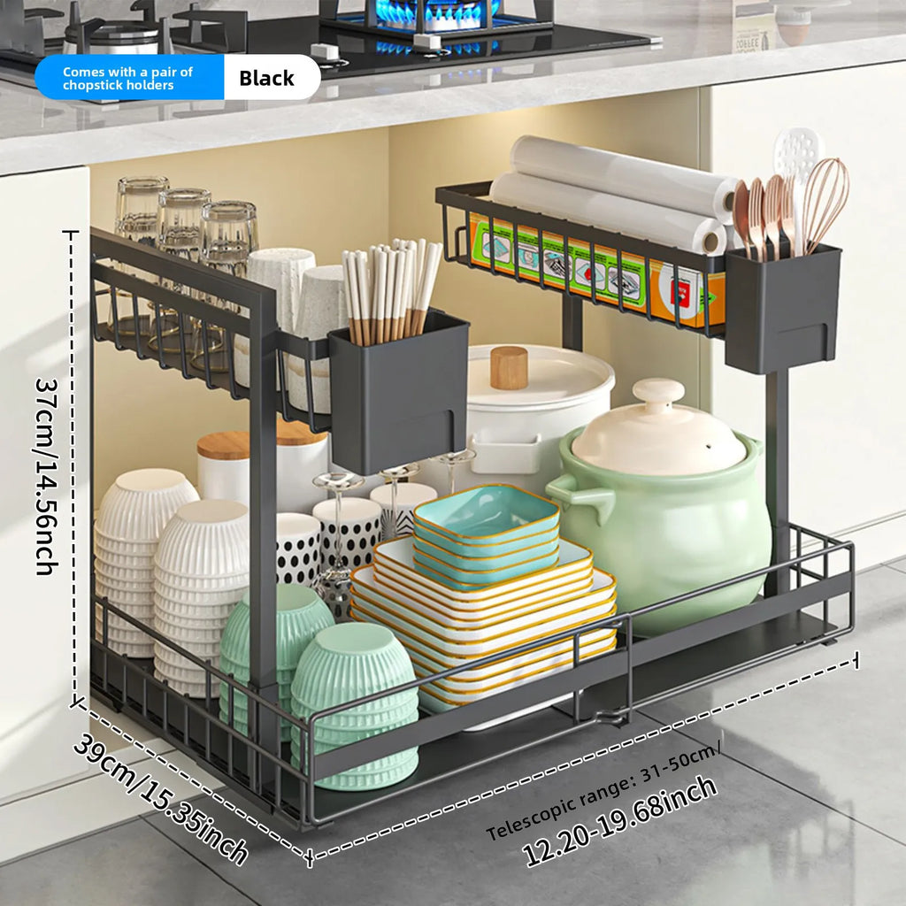 Retractable kitchen sink rack double-layer cabinet seasoning basket multi-functional storage rack under the sink Oasis Select Double black KT