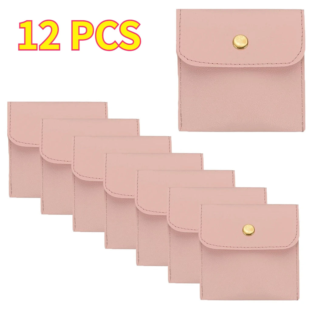 6/12PCS Small Jewelry Pouch PU Leather Square Snap Button Travel Bracelet Packaging Earrings Rings Necklaces Compact Organizer Oasis Select Pink 12pcs
