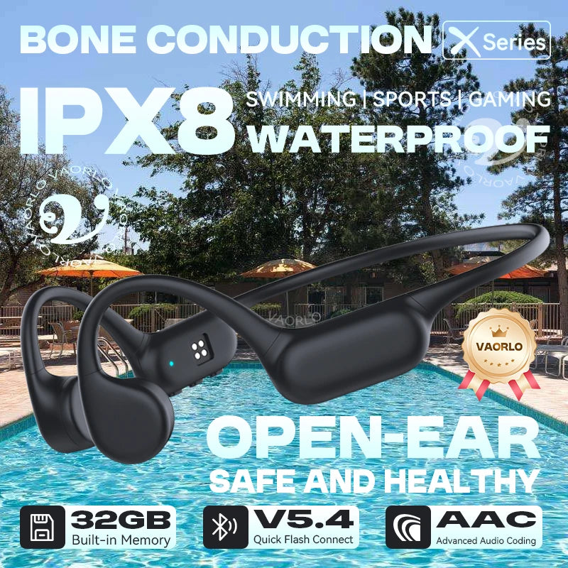 Original VAORLO True Bone Conduction Wireless Headphone IPX8 Waterproof Swimming Sport Hifi Headsets Bluetooth 5.4 32GB MP3 Play Oasis Select X20 Black 32GB