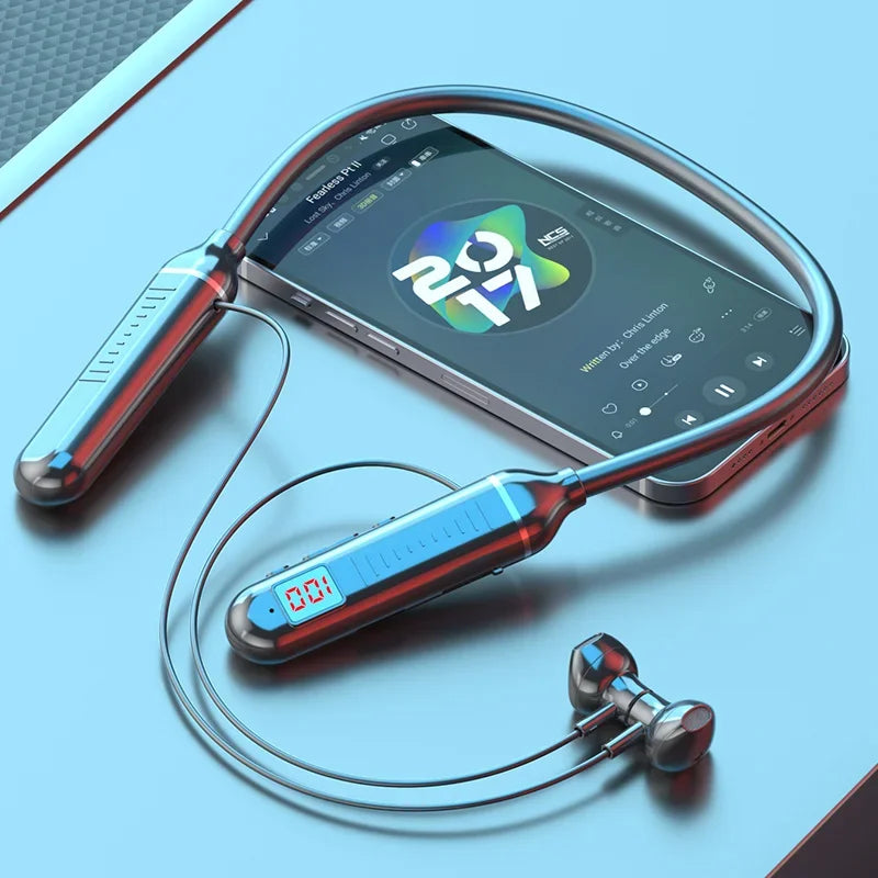 Wireless Earphones Bluetooth 5.3 Neckband Headphones Gaming LED Display HIFI Headset Sports TWS Earbuds With Mic TF Card Oasis Select Black D18