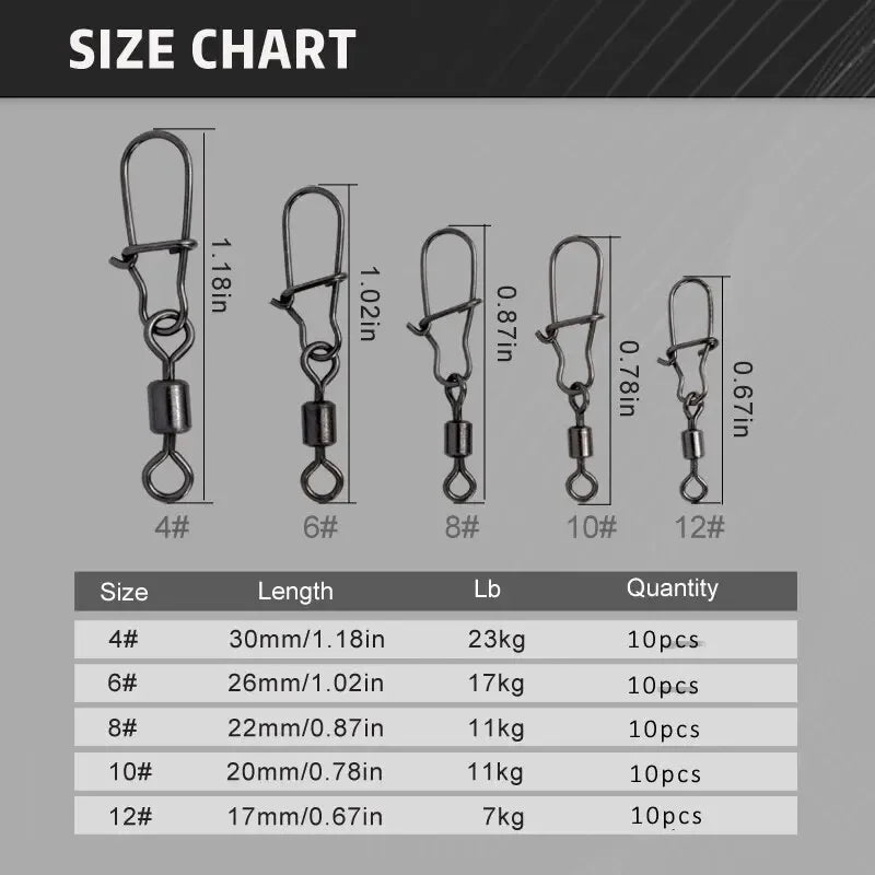 50pc/box Fishing Connector Pin 4# 6# 8#10#12# Bearing Rolling Swivel with Snap Fishhook Lure Accessories Oasis Select