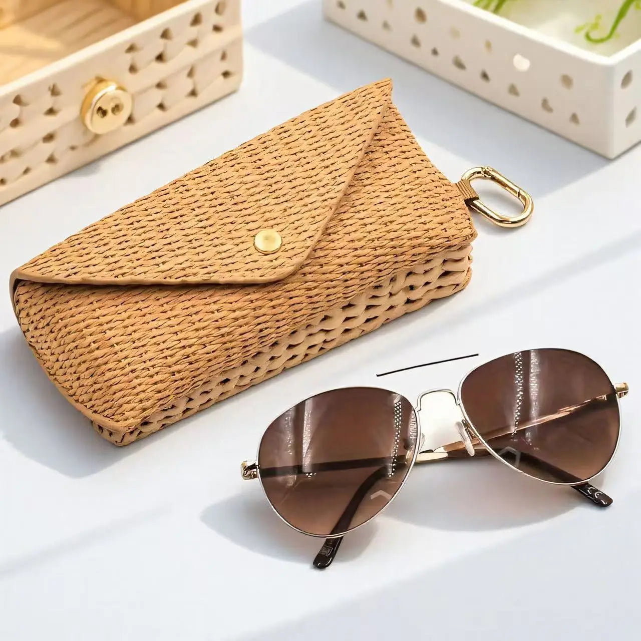 Fashion Woven Straw Glasses Case with Hook,Durable PU Leather Eyewear Bag,Soft Protective Sunglass Pouch for Women Glasses Case Oasis Select