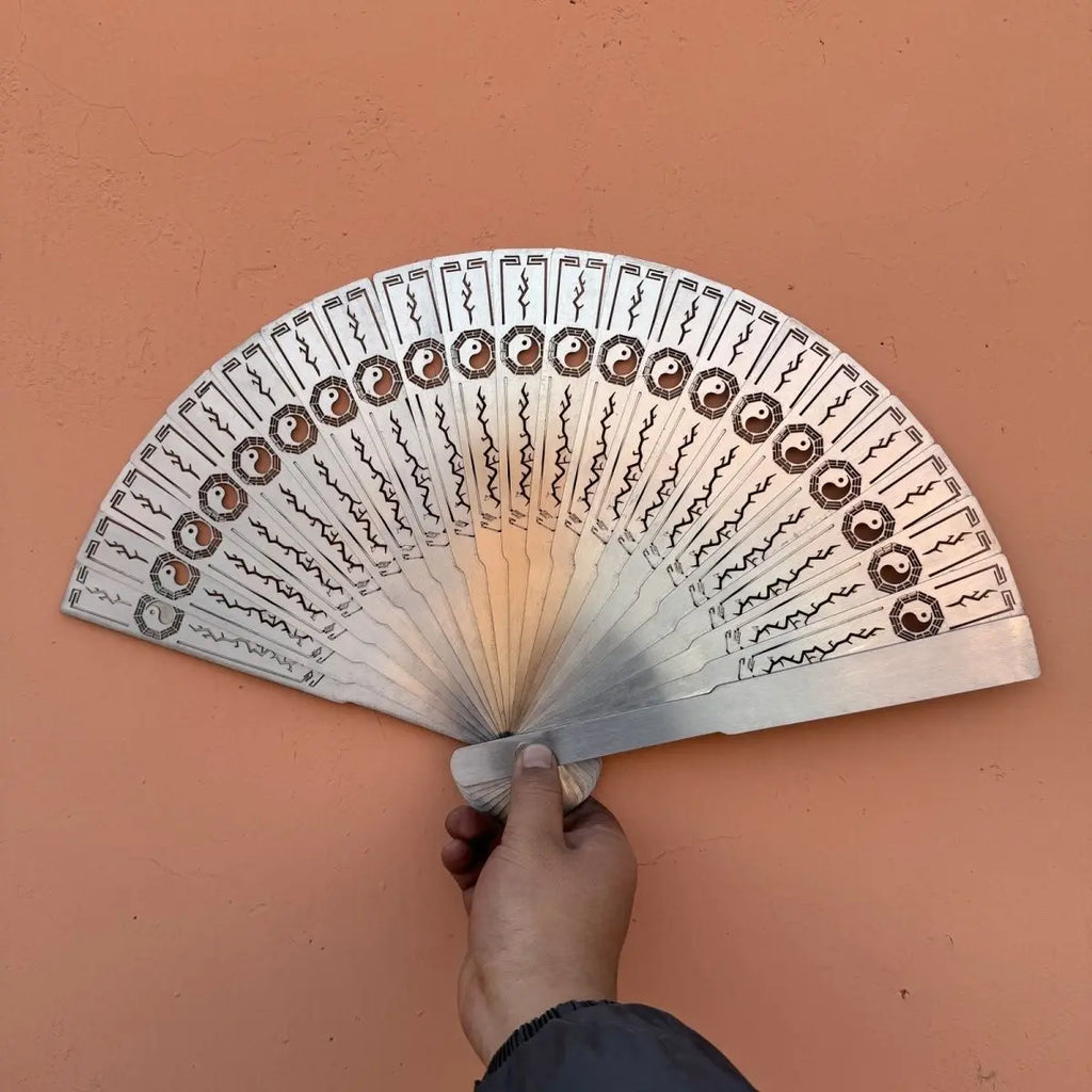 Double Opening and Closing Non-magnetic Thickened Stainless Steel Folding Fan Hollow-out Folding Tai Chi Decorative Fan Oasis Select