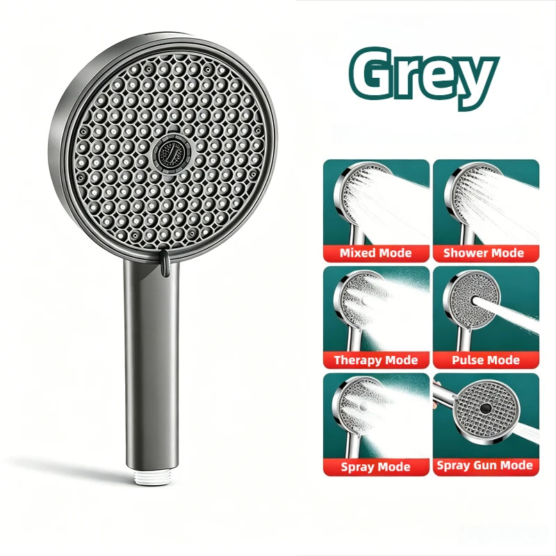 6 Modes Adjustable Pressure Boost Shower Head 12.5CM Big Panel High Pressure Large Flow Handheld Showerhead Bathroom Accessories Oasis Select Grey