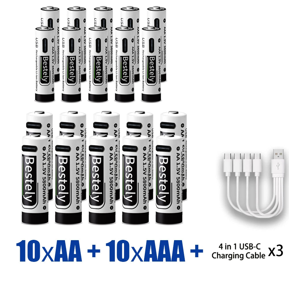 AA+AAA Rechargeable Batteries 1.5V Li-ion Battery Long-Lasting High Capacity Lithium, 2000 Cycle with Free USB-C Cables Oasis Select 10AA 10AAA