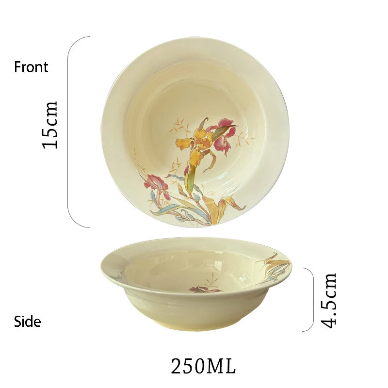 Ceramic Dinner Plate Set French Iris Dessert Bowl Dishes Soup Plate Breakfast Flat Plate Home Kitchen Gourmet Container Oasis Select bowl