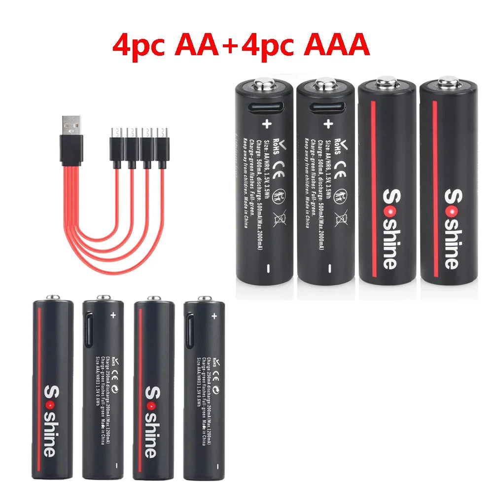 Soshine USB Lithium 600mWh 1.5V AAA Battery and 3500mWh 1.5V AA Rechargeable Batteries Li-ion AA and AAA Rechargeable Batteries Oasis Select 4pc AAAand AA 1.5V