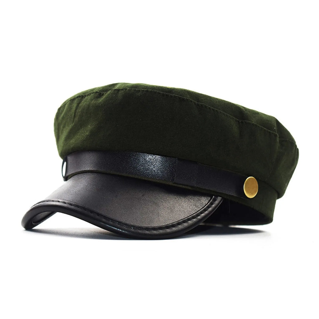 Unisex Cycling Caps PU Leather Hat Autumn Sailor Hat for Women Men Men Black Female Travel Student Hat Captain Hat Flat Top Oasis Select Army Green
