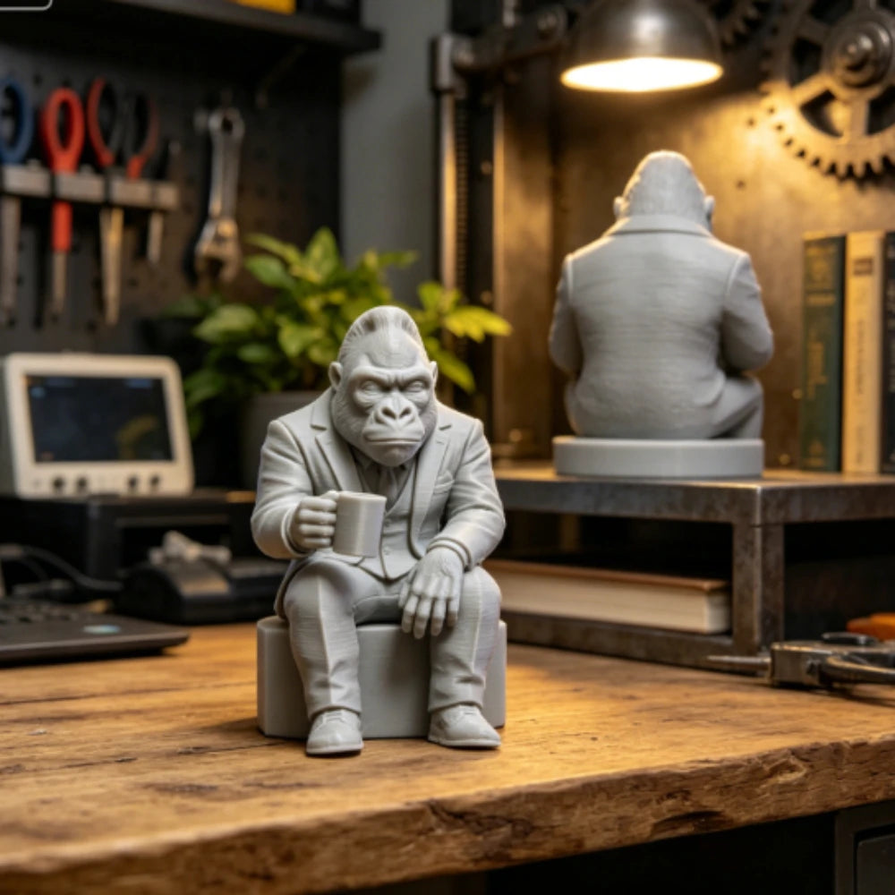 Suit Gorilla Figurine Coffee Drinking Gorilla Statue 3D Printed Sitting Posture Bookshelf Edge Ornament Creative Desk Decor Gift Oasis Select
