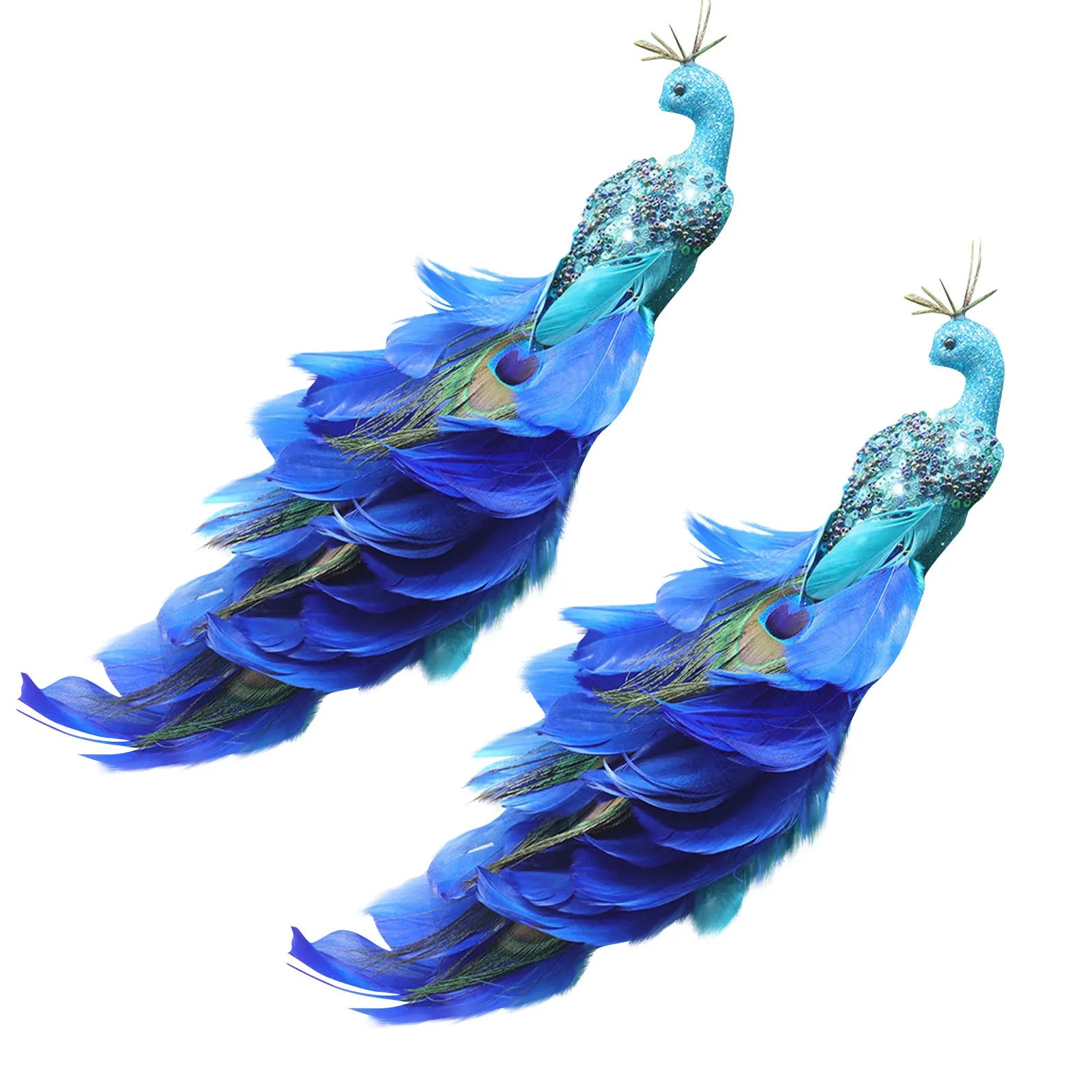 Glitter Blue Peacock Christmas Ornament with Real Tail Feather Christmas Ornament Oasis Select 2PCS One Size