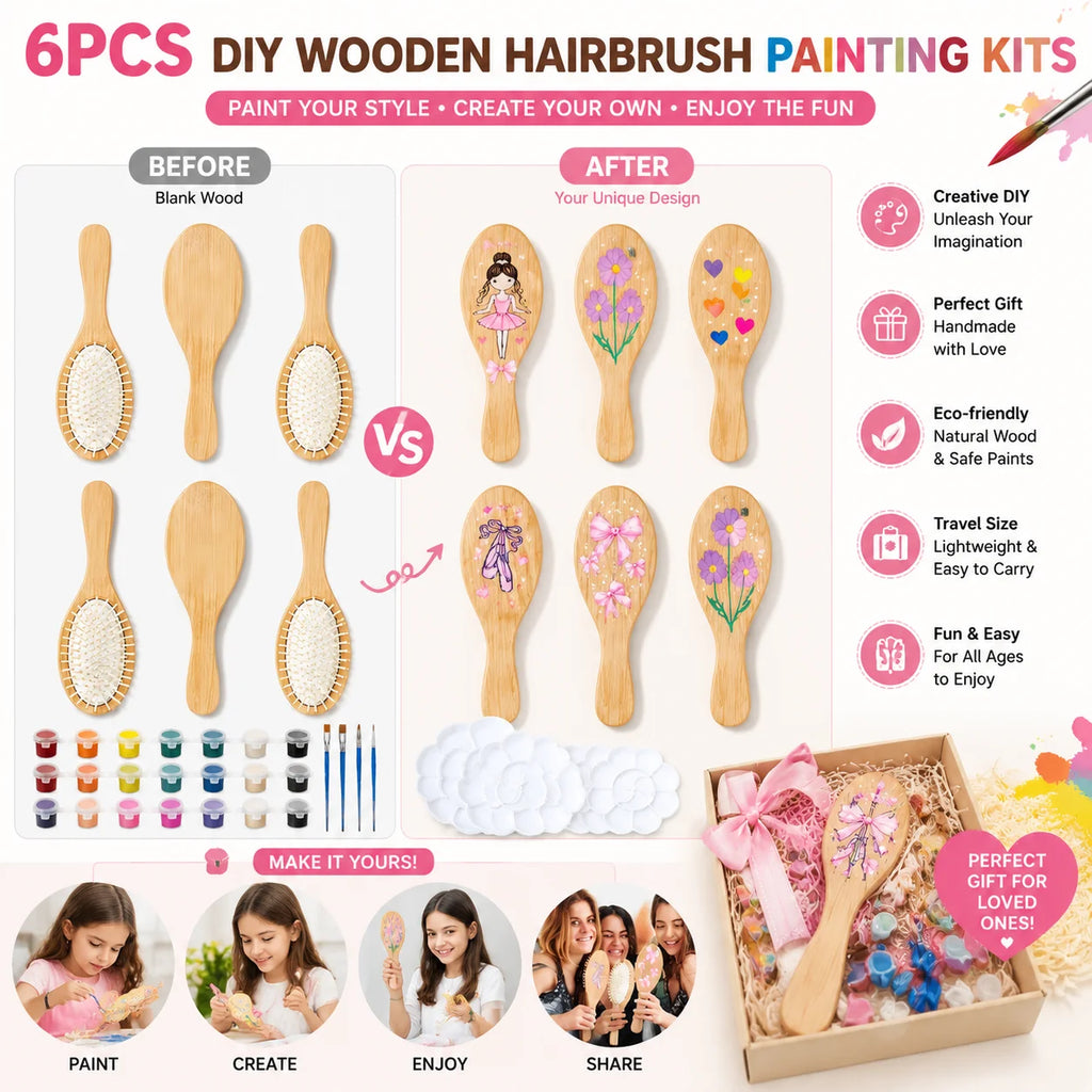 DIY Wooden Hairbrush Painting Kit – 6-Piece Creative Craft Set
