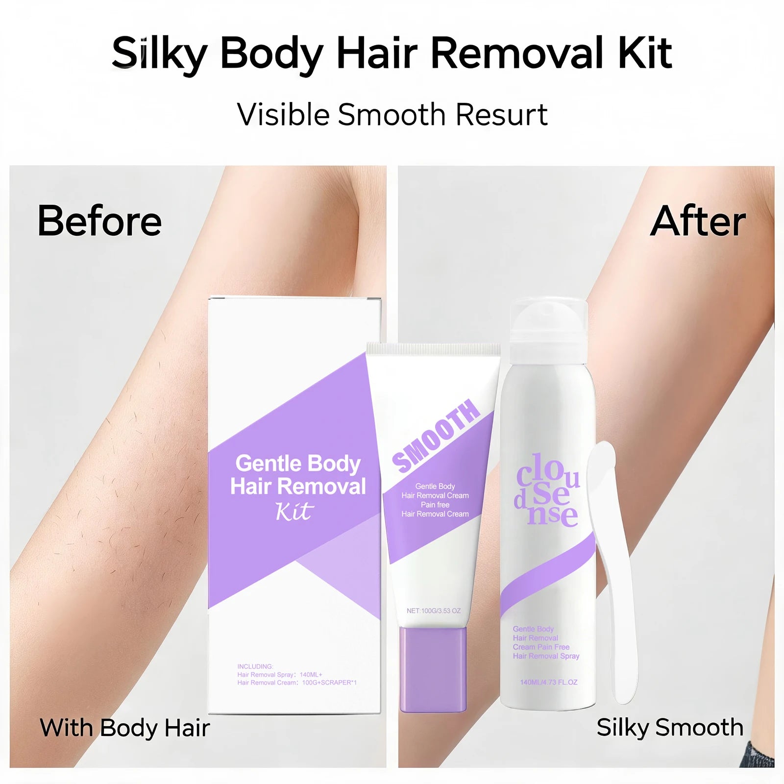 Body Hair Removal Kit, 140ml Spray + 100g Cream with Scraper Painless Hair Remover for Arms, Legs, Underarms Area No Irritation Oasis Select