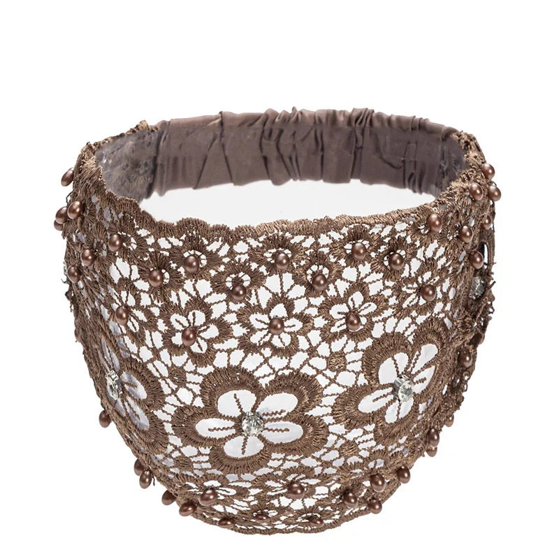 Elegant Hollow-Out Plum Blossom Beaded Headband, Wide-Brim Hair Clip for Effective White Hair Coverage Oasis Select coffee
