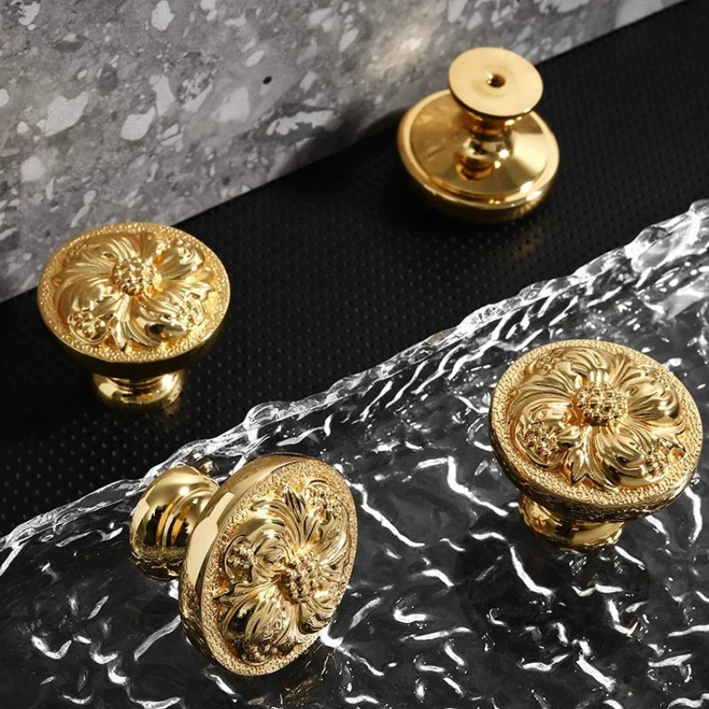 Brass Furniture Genuine Gold Plated Handle Cabinet Door Handle Drawer Light Luxury French European Gold High-end Single Hole Oasis Select