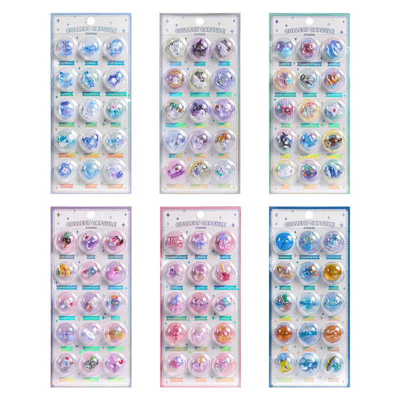 Creative 3D Capsule Embossed Crystal Sticker Kawaii 3D Relief Stickers Scrapbooking DIY Journal Cute Stationery School Sticker Oasis Select 6PCS