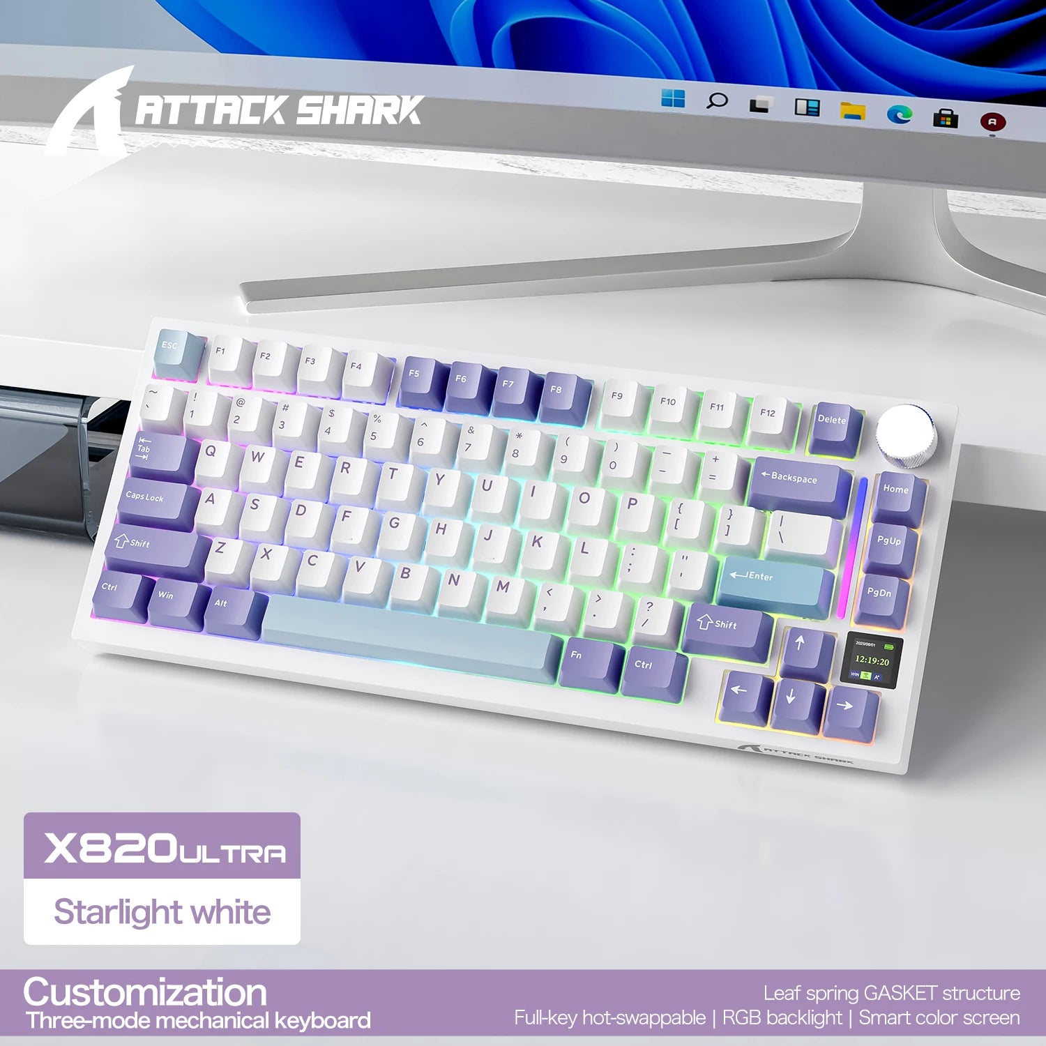ATTACK SHARK X820 ULTRA 75% Tri Mode Mechanical Keyboard Gasket Mount 1.2mm PCB Slot Color Screen 4000mAh Battery Hot Swappable Oasis Select X820 Ultra white