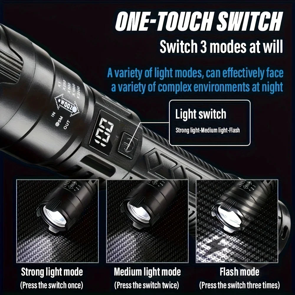 High Strong Power Led Flashlights 2000LM Tactical Torch with Display Light Rechargeable Camping Fishing Emergency Zoom Lantern Oasis Select