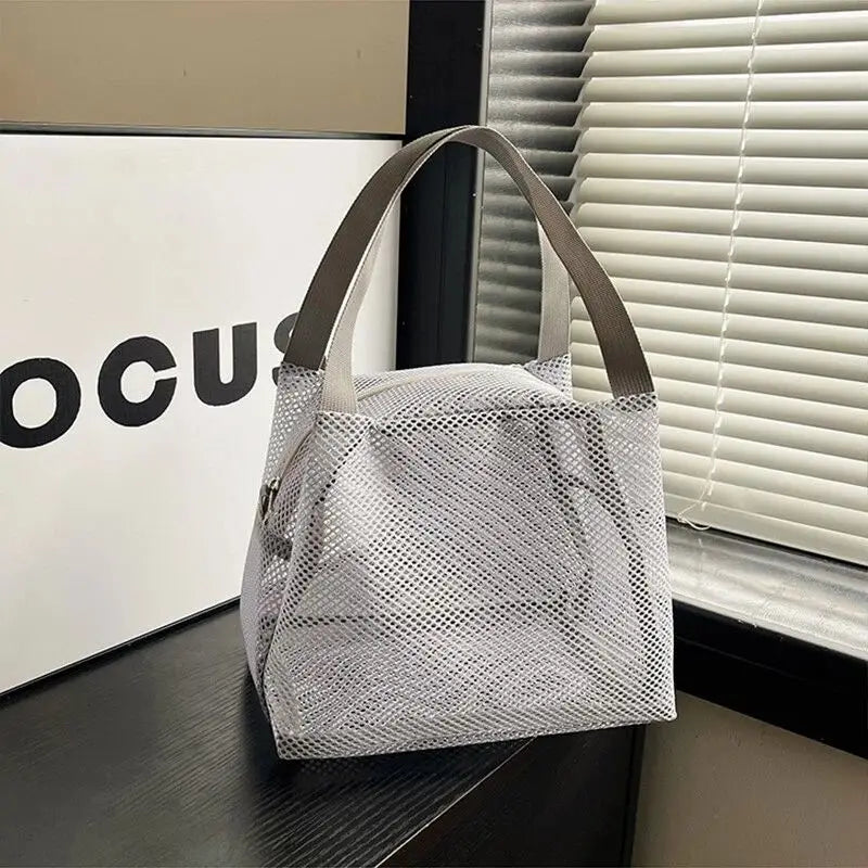New Large Capacity Mesh Bag with handle Travel Toiltery Makeup Bag Portable Beach Bag Cosmetic Zipper Pouch Oasis Select Grey