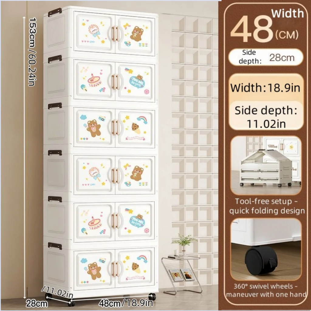 18.9 Inch Cartoon Foldable Storage Box,1-6 Tier Heavy-Duty Rolling Organizer,2 Colors for Bedroom/Living Room/Kitchen/Study Oasis Select 6 Layer Bear