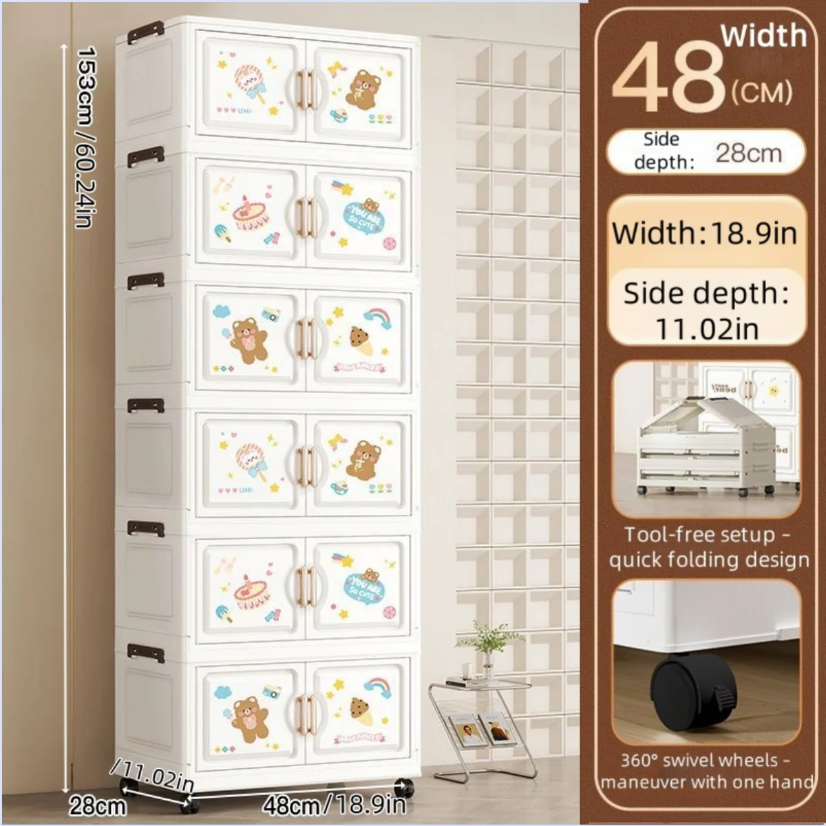 18.9 Inch Cartoon Foldable Storage Box,1-6 Tier Heavy-Duty Rolling Organizer,2 Colors for Bedroom/Living Room/Kitchen/Study Oasis Select 6 Layer Bear