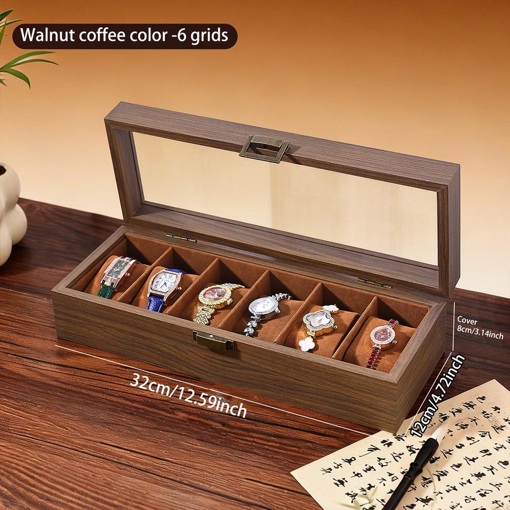 1pc Multi grid wooden watch box with glass cover adjustable jewelry storage box glasses bracelet velvet watch display box Oasis Select Brown-6grids