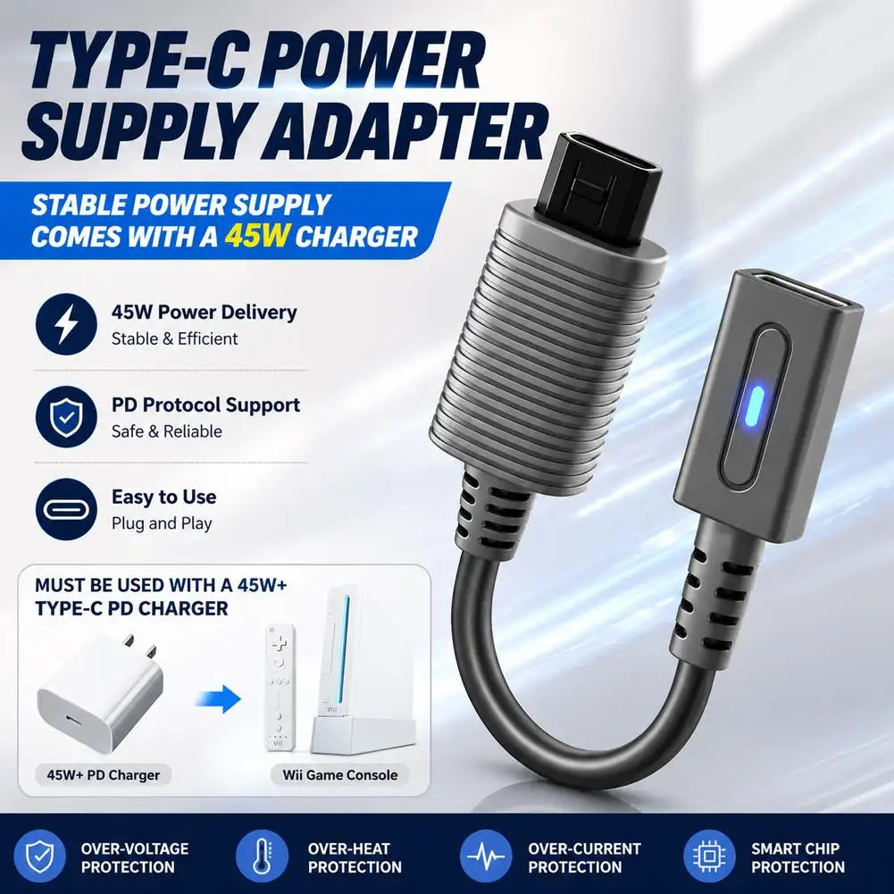 USB-C to Nintendo Wii Power Adapter Cable – 45W PD