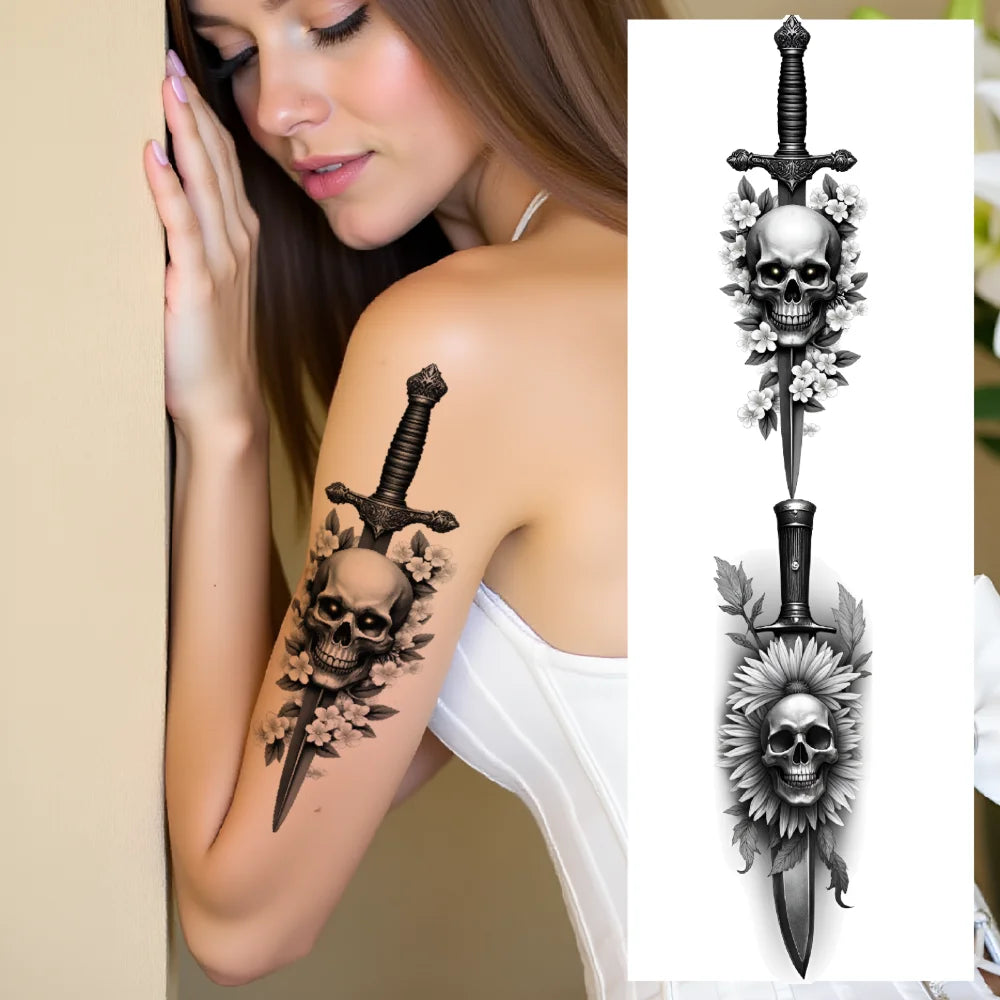 3-Pack Waterproof Temporary Tattoos – Skull & Sword Body Stickers