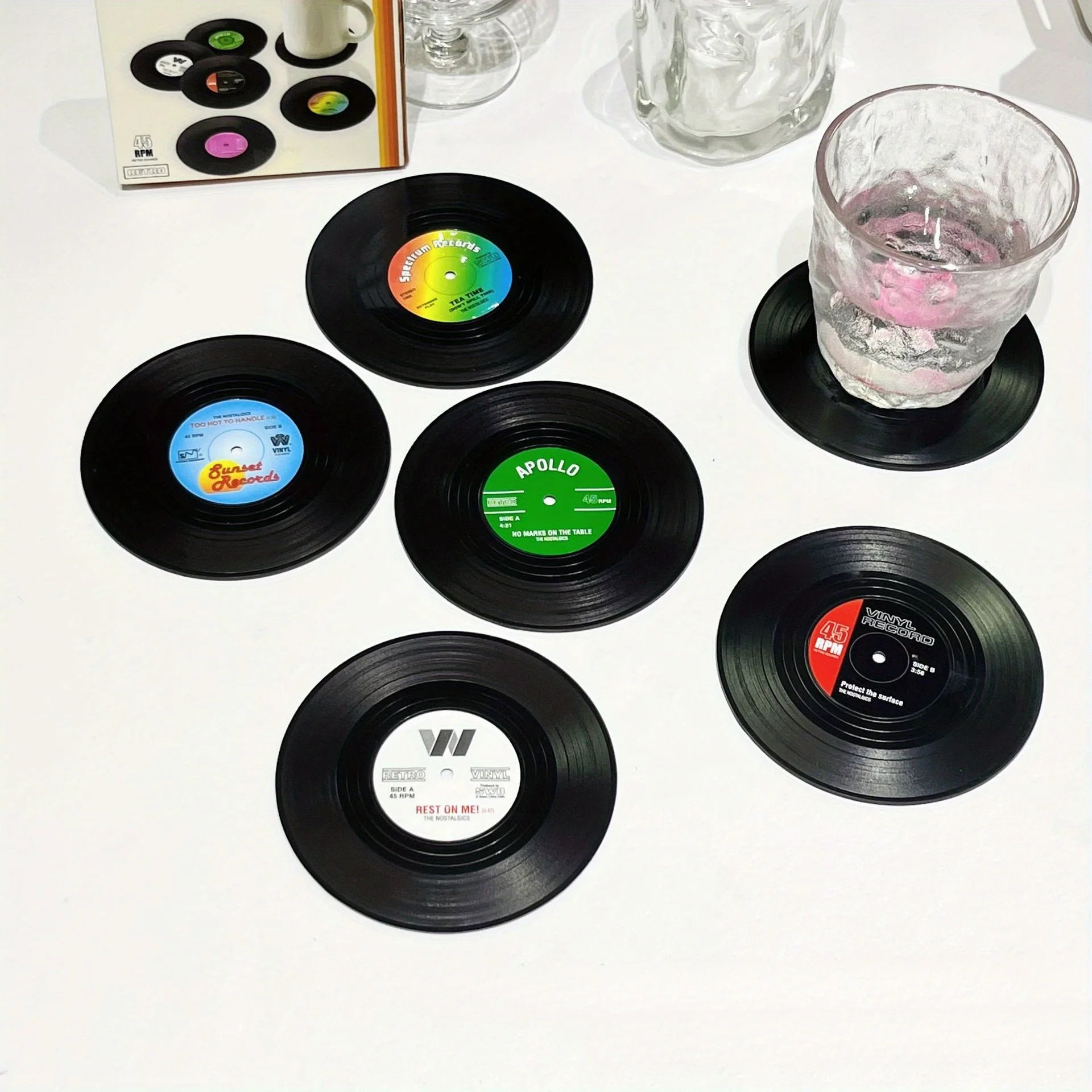 6pcs Vinyl Record Coasters Absorbent Retro Style Home Decor Hot Coffee Cup Placement Pads Effective Protection of The Desktop Oasis Select