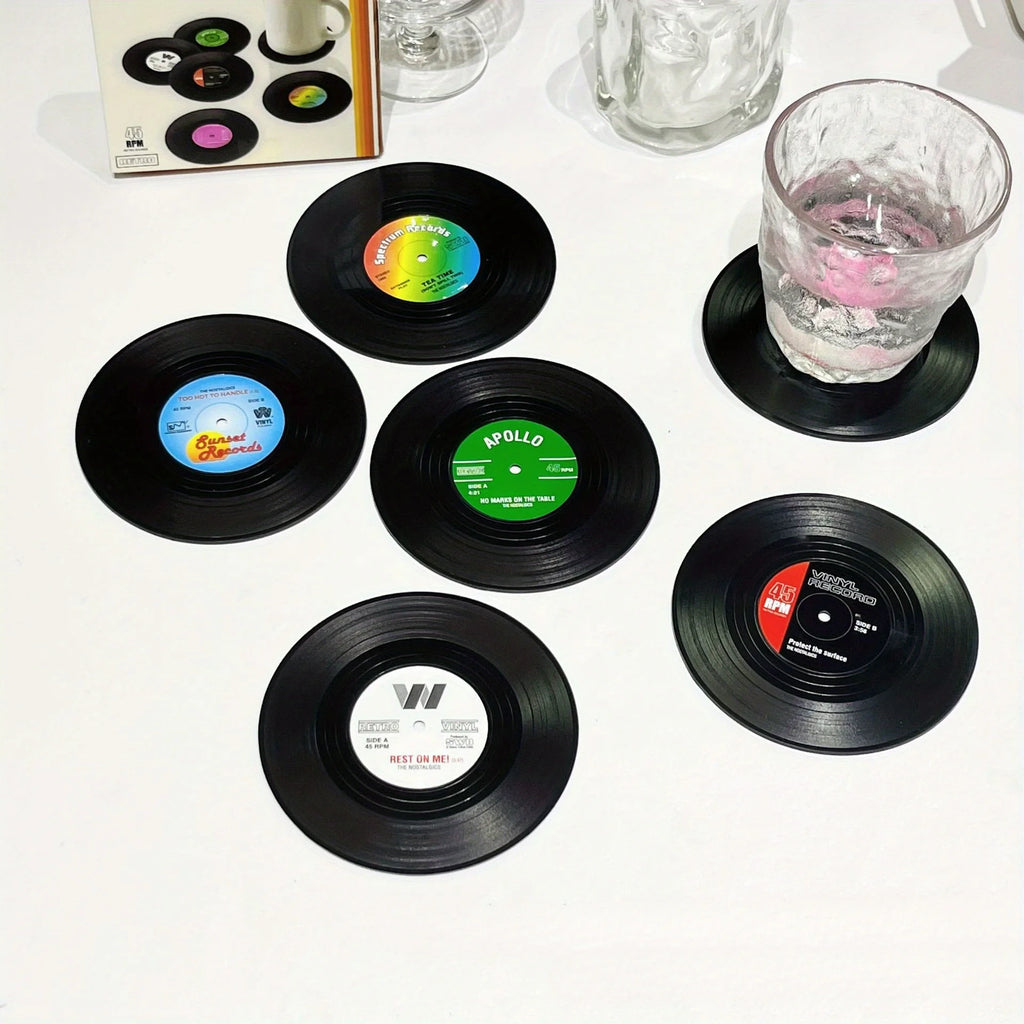 6pcs Vinyl Record Coasters Absorbent Retro Style Home Decor Hot Coffee Cup Placement Pads Effective Protection of The Desktop Oasis Select