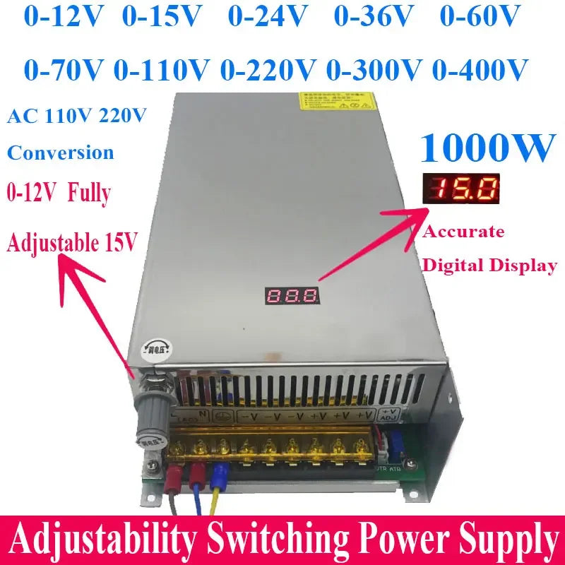 Adjustable 1000W Switching Power Supply DC 0- 12 Volt 24V 36V 48V 60V 70V 110V 220V 300V 400V Digital Display Voltage Regulated Oasis Select AC 110V 220V 0-400V 2.5A 1000W