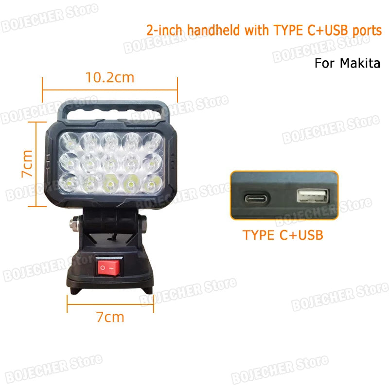 Cordless LED Working Light For Makita 18V Lithium Battery Outdoor Flashlight Camping Lamp Emergency Lighting Power Tools Parts Oasis Select 2in TYPE C X USB
