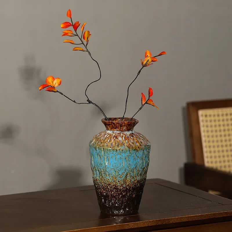 European Style Retro Style Ceramic Vase Living Room Advanced Sense Coarse Clay Pot Simple Dried Flower Arrangement Decoration Oasis Select