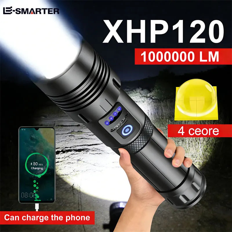 Powerful LED Flashlight XHP120 Rechargeable Portable Tactical Torch Super Bright Camping Outdoor Search and Adventure Flash Lamp Oasis Select