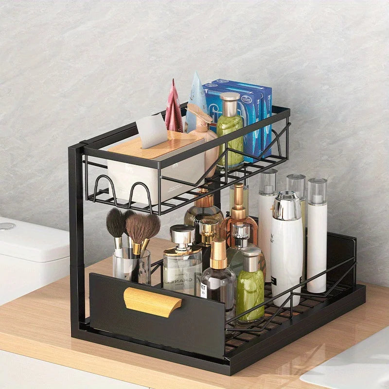 2-Tier Sliding Under Sink Organizer - Rustproof Metal Storage for Kitchen & Bathroom Cabinets,Ideal for Cleaning Supplies Oasis Select
