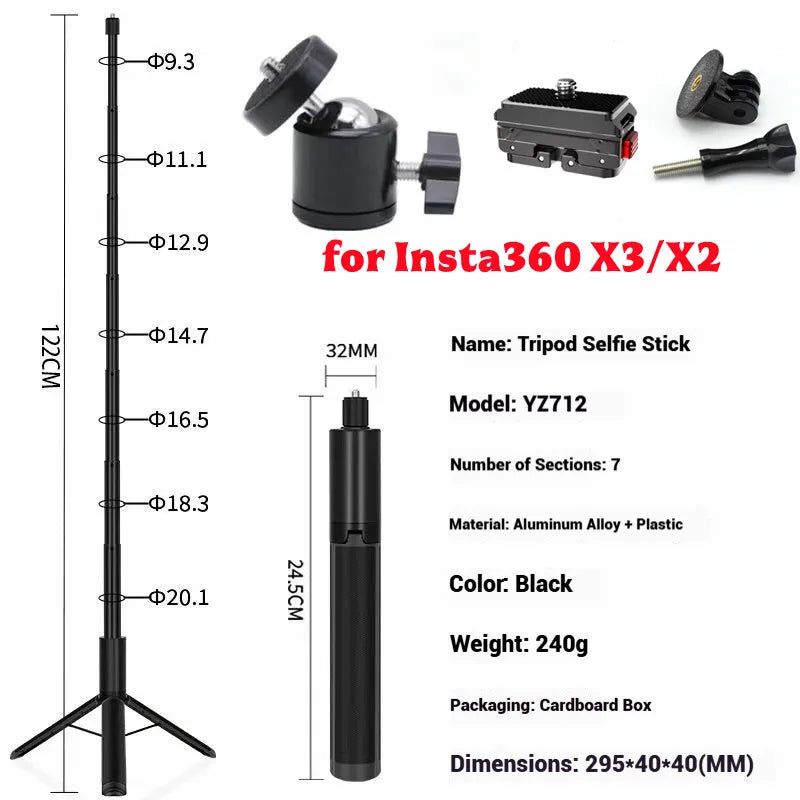 120cm Invisible Selfie Stick Tripod for GoPro, DJI & Insta360