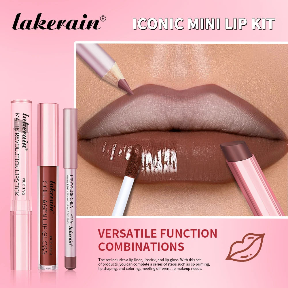 3pcs Lip Makeup Set Lip Liner Lip Gloss Lipstick Mirror Effect Beep Lips High Color Long-lasting Hydrates Travel Mini Set Oasis Select