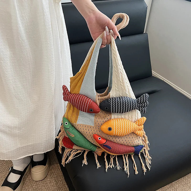 Tassel Decor Knit Shoulder Tote Bag Large Capacity Yarn Woven Handbag Classic Splicing Style All-match Bag for Women Daily Use Oasis Select