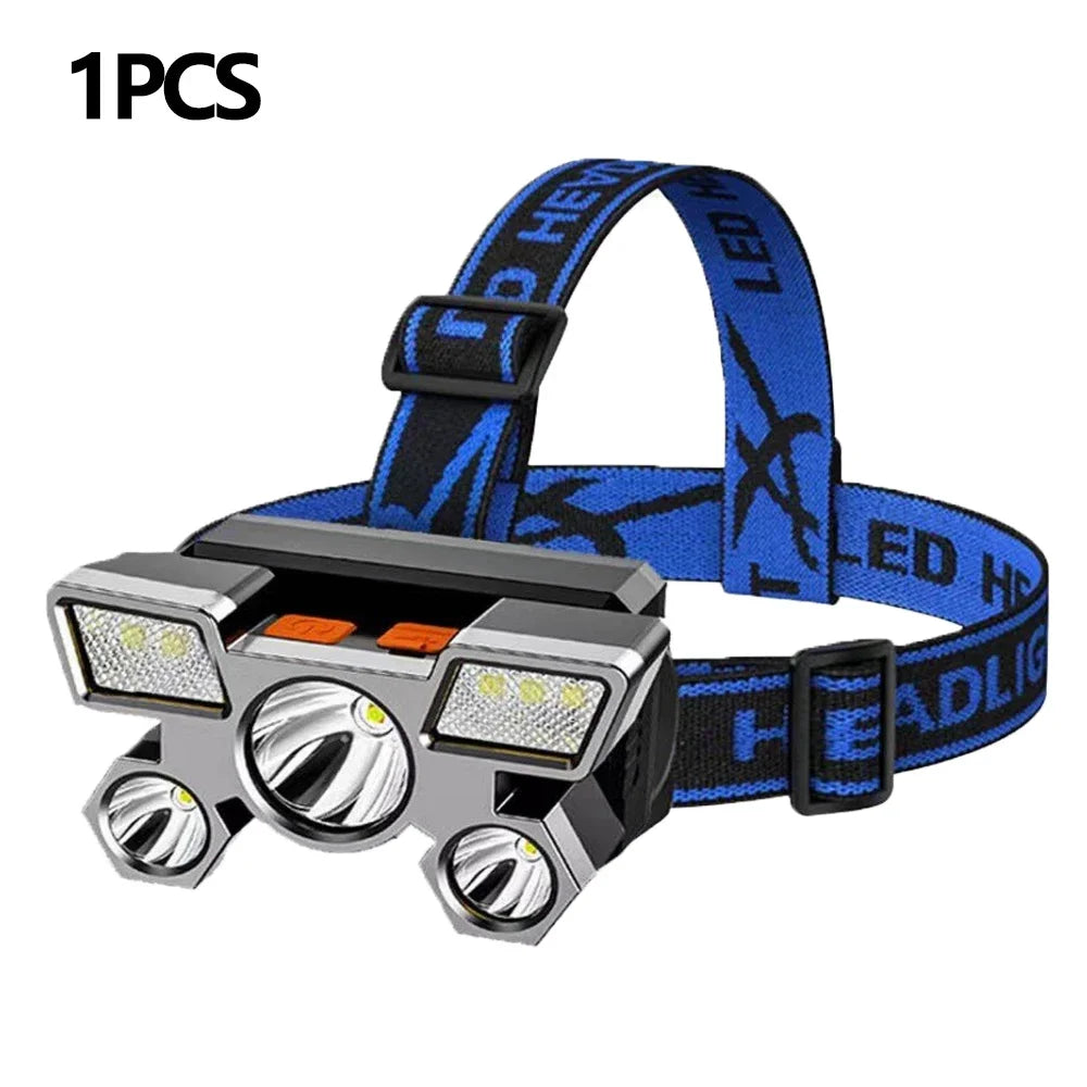 Outdoor High Brightness 5LED Headset Flashlight Outdoor Household Portable USB Rechargeable Fishing Miner Lamp Strong Headlight Oasis Select XY501 Blue 1pcs