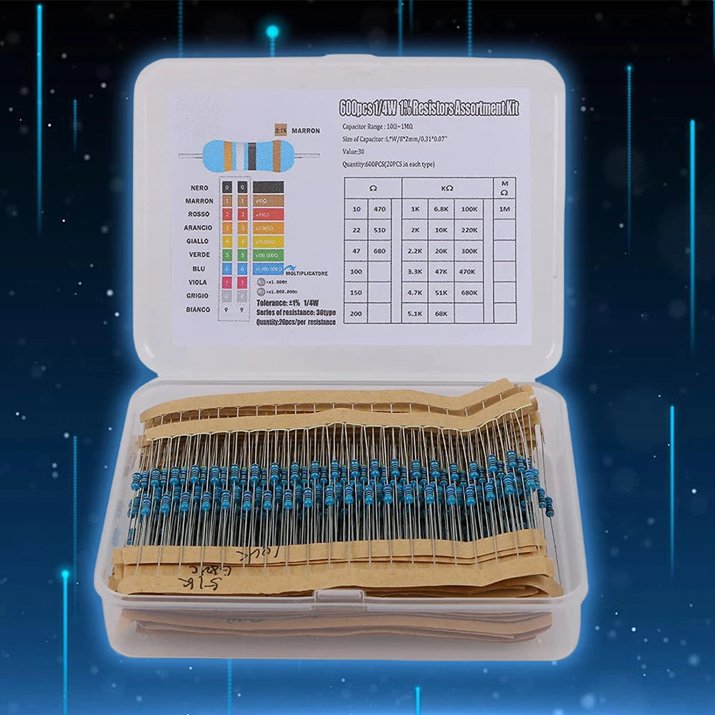 300/600pcs Metal Film Resistor Kit – 30 Values 1% 1/4W 10R–1M Resistor Assortment Kit Oasis Select