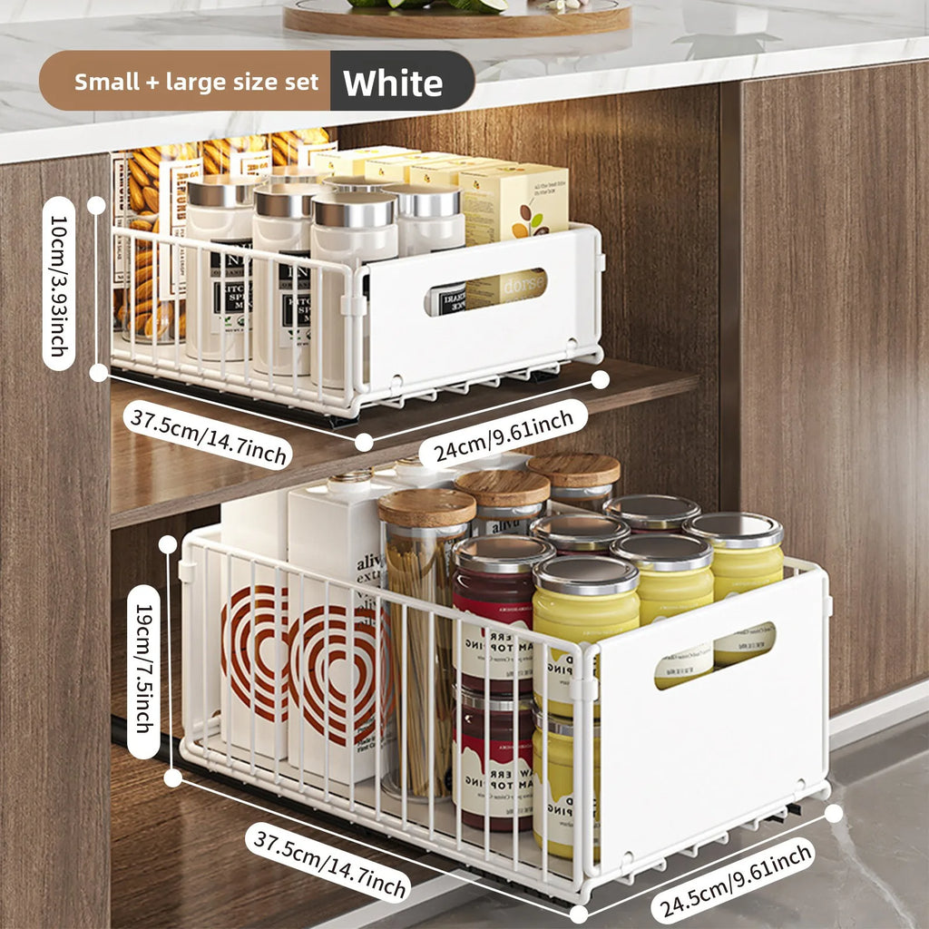Built-in pull basket in cabinet, multi-functional pull-out snack storage rack, household kitchen sink lower shelf, no punching Oasis Select White 2PCS