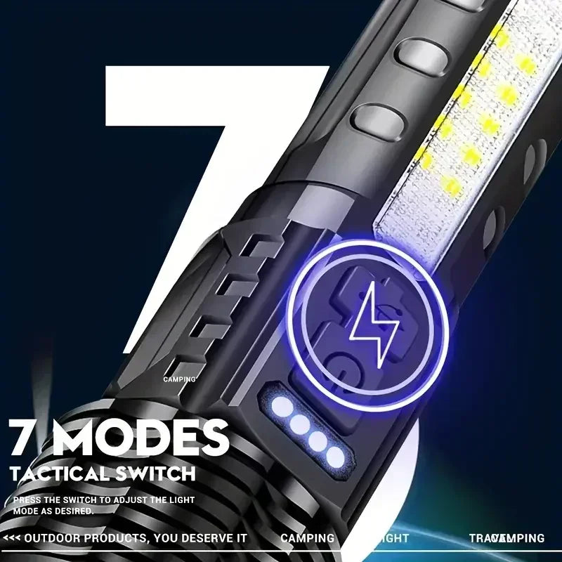 Powerful LED Flashlight Type C Rechargeable Waterproof Torch with Side Light 7 Modes Zoomable Lamp for Camping Fishing Lantern Oasis Select