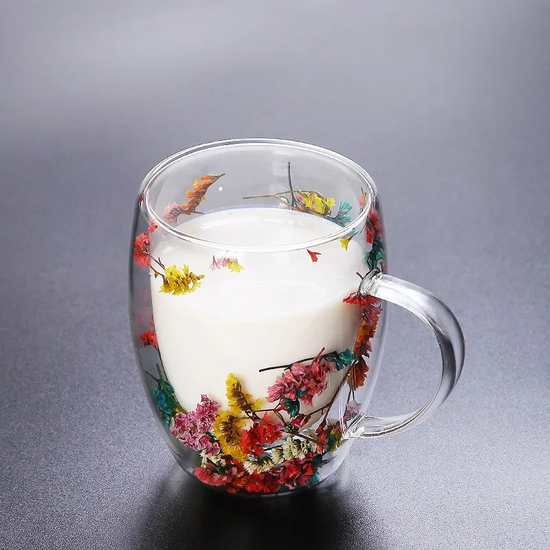 Fillings Dry Flowers Double Wall Glass Cup With Handle Heat Resistant Tea Coffee Cups Espresso Milk Mug Creative Gift Oasis Select C 301-400ml