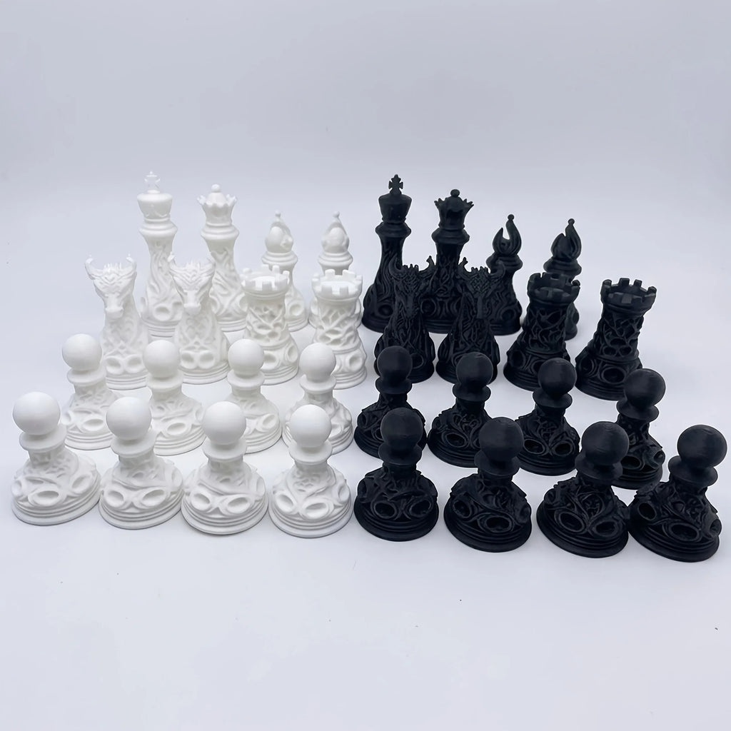 32pcs Gothic Dragon Chess Pieces Set Black White 3D Printed Hollow Design Tabletop Ornament Gift for Chess Lovers Oasis Select 32pcs No Chessboard