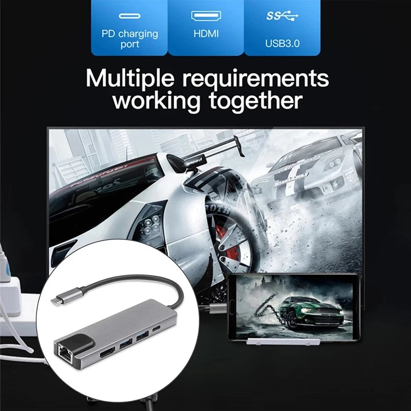 Type-C To 5/8Ports Docking Station HDMI 4K/RJ45 100M PD Splitter USB 3.0 5Gbps High Speed USB C HUB Adapter For Laptop Macbook Oasis Select
